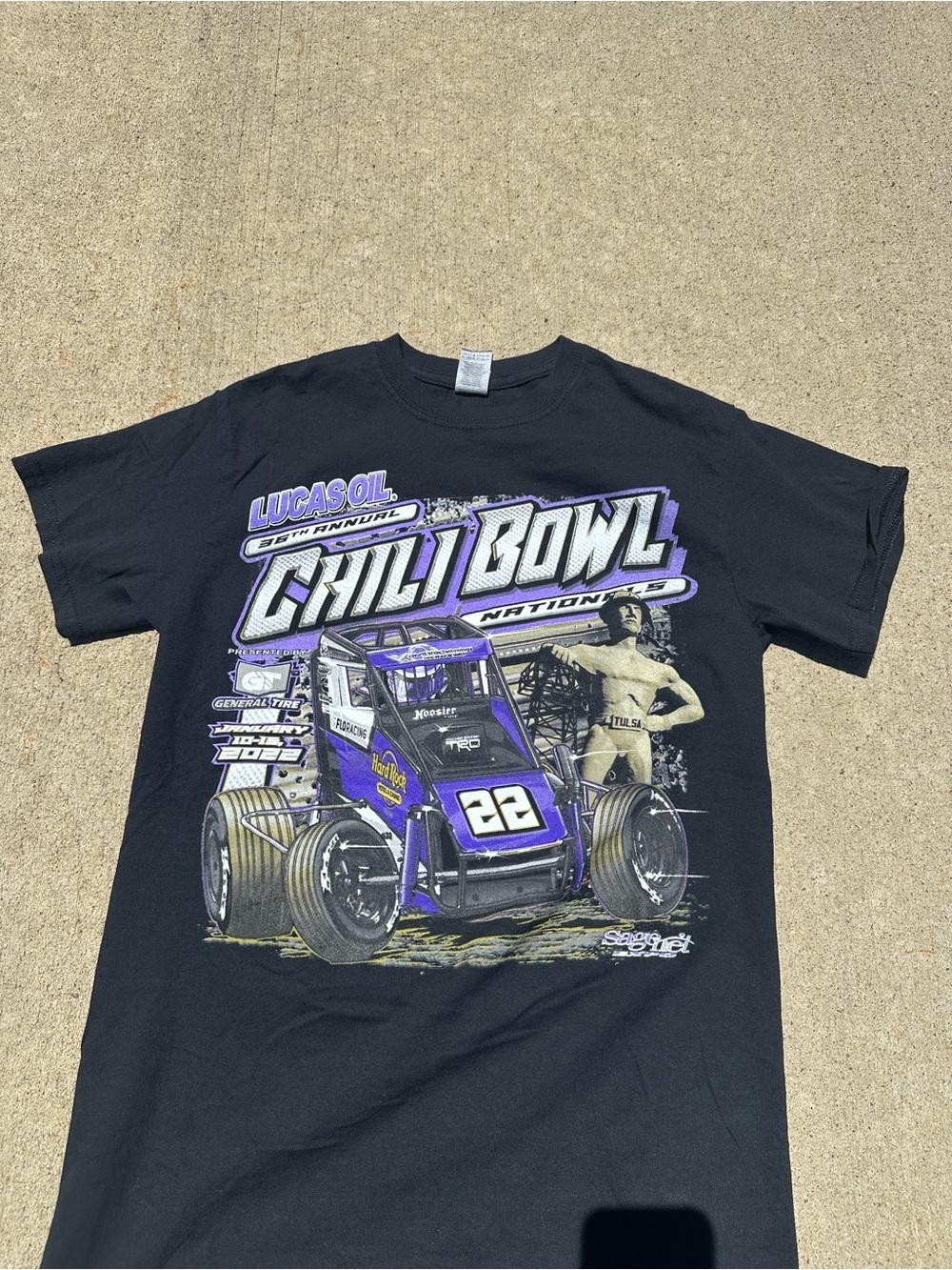 Gildan Black Chili Bowl Graphic Tee with Purple Racing Art